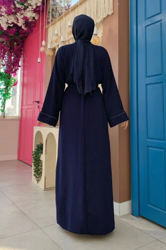 Boncuk İşlemeli Tam Boy Ferace 7894 Lacivert - Bym Fashion (1)