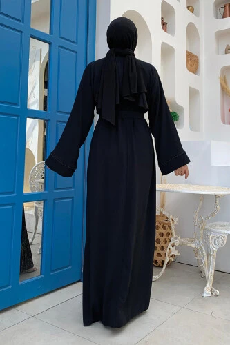 Boncuk İşlemeli Tam Boy Ferace 7894 Siyah - Bym Fashion (1)