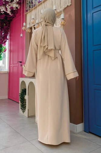 Boncuk İşlemeli Tam Boy Ferace 7894 Taş - Bym Fashion (1)