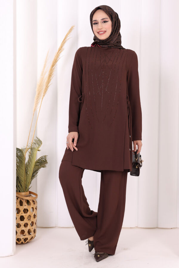 Taş Baskı Desenli Tunik Pantolon Takım 8447 Kahverengi - 5