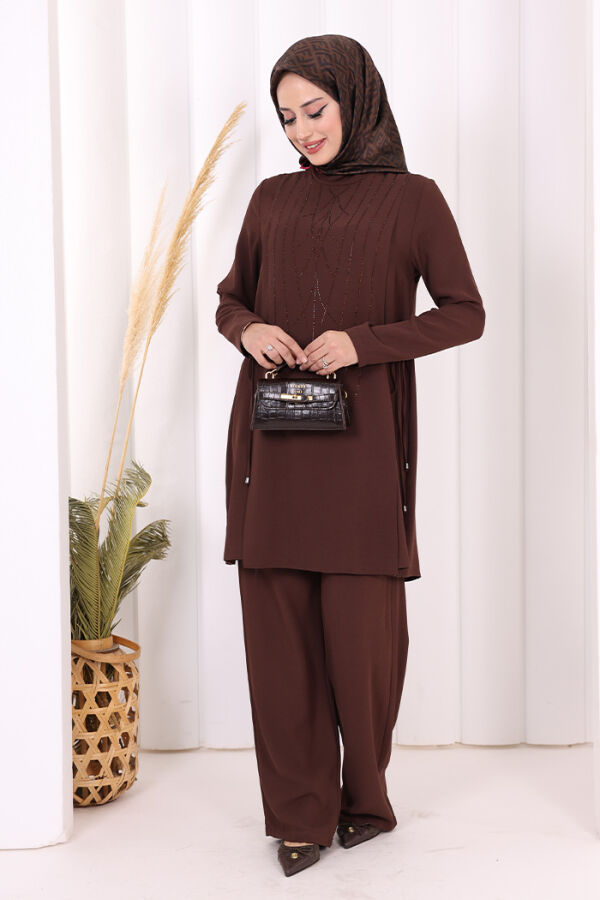 Taş Baskı Desenli Tunik Pantolon Takım 8447 Kahverengi - 6