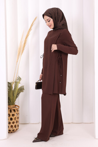 Taş Baskı Desenli Tunik Pantolon Takım 8447 Kahverengi - 7