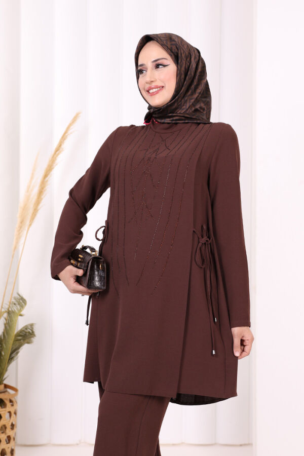 Taş Baskı Desenli Tunik Pantolon Takım 8447 Kahverengi - 8