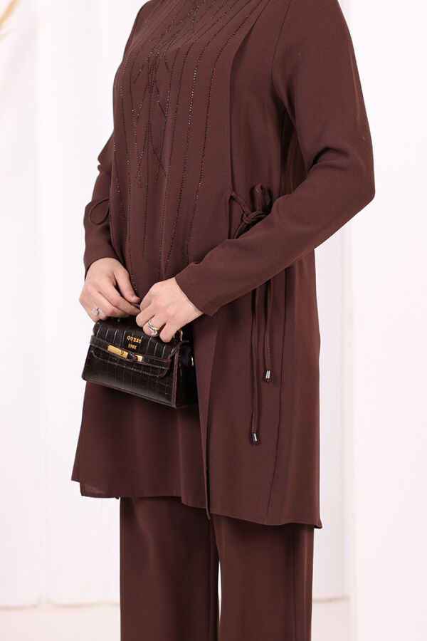 Taş Baskı Desenli Tunik Pantolon Takım 8447 Kahverengi - 9