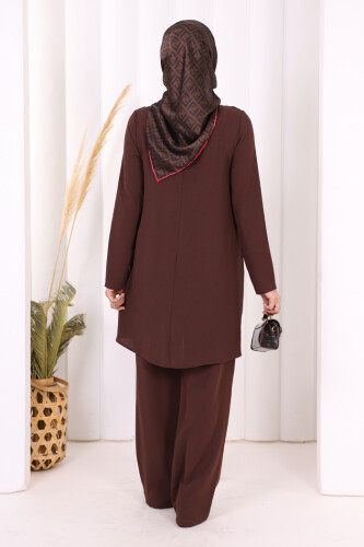 Taş Baskı Desenli Tunik Pantolon Takım 8447 Kahverengi - 10