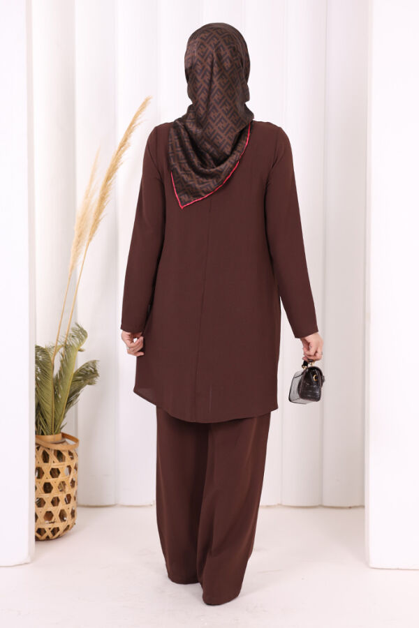 Taş Baskı Desenli Tunik Pantolon Takım 8447 Kahverengi - 10