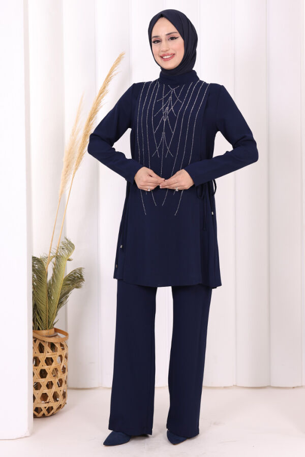 Taş Baskı Desenli Tunik Pantolon Takım 8447 Lacivert - 5