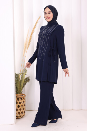 Taş Baskı Desenli Tunik Pantolon Takım 8447 Lacivert - 6