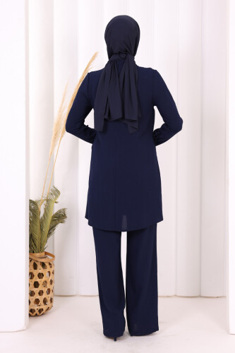 Taş Baskı Desenli Tunik Pantolon Takım 8447 Lacivert - 7