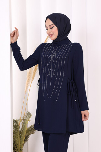 Taş Baskı Desenli Tunik Pantolon Takım 8447 Lacivert - 8