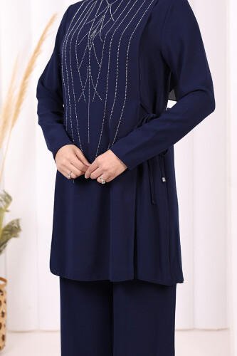 Taş Baskı Desenli Tunik Pantolon Takım 8447 Lacivert - 9