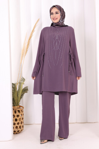 Taş Baskı Desenli Tunik Pantolon Takım 8447 Lila - 5