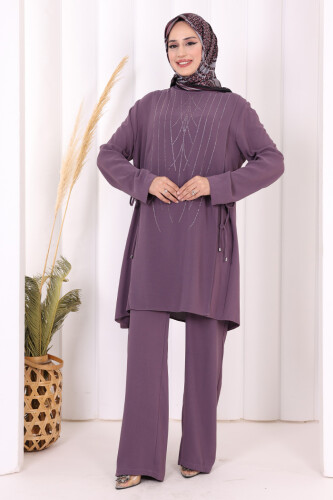 Taş Baskı Desenli Tunik Pantolon Takım 8447 Lila - 6