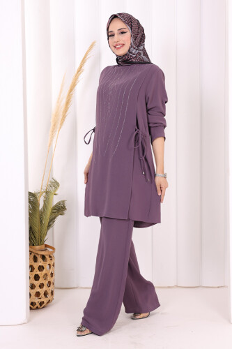 Taş Baskı Desenli Tunik Pantolon Takım 8447 Lila - 7