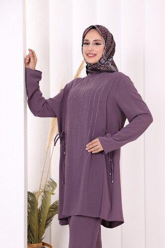 Taş Baskı Desenli Tunik Pantolon Takım 8447 Lila - 9