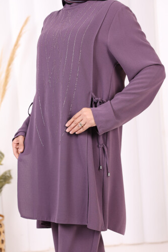 Taş Baskı Desenli Tunik Pantolon Takım 8447 Lila - 10
