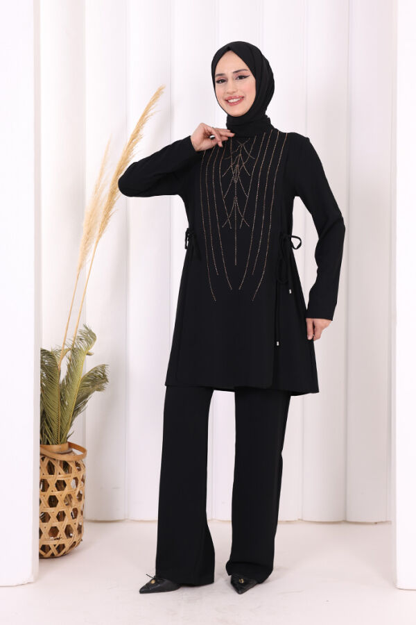 Taş Baskı Desenli Tunik Pantolon Takım 8447 Siyah - 5