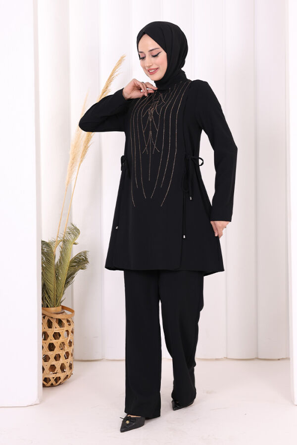 Taş Baskı Desenli Tunik Pantolon Takım 8447 Siyah - 6