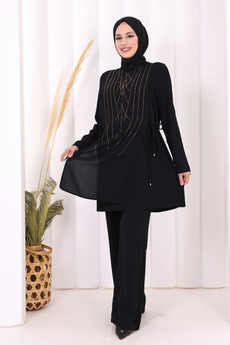 Taş Baskı Desenli Tunik Pantolon Takım 8447 Siyah - 7