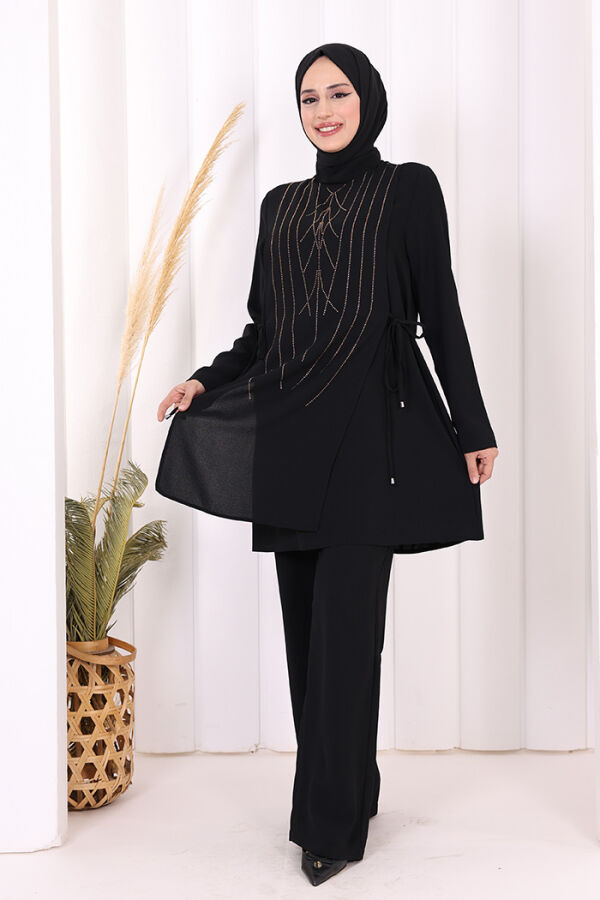 Taş Baskı Desenli Tunik Pantolon Takım 8447 Siyah - 7