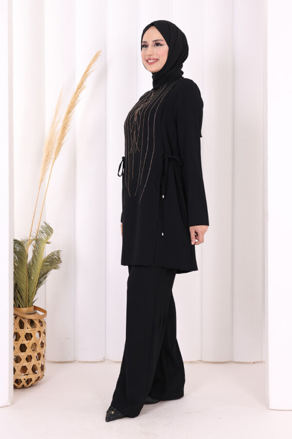 Taş Baskı Desenli Tunik Pantolon Takım 8447 Siyah - 8