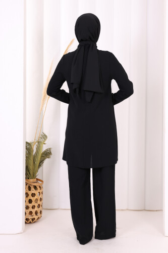 Taş Baskı Desenli Tunik Pantolon Takım 8447 Siyah - 9