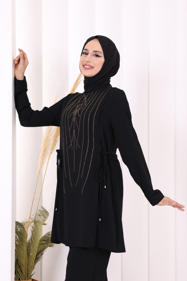 Taş Baskı Desenli Tunik Pantolon Takım 8447 Siyah - 10