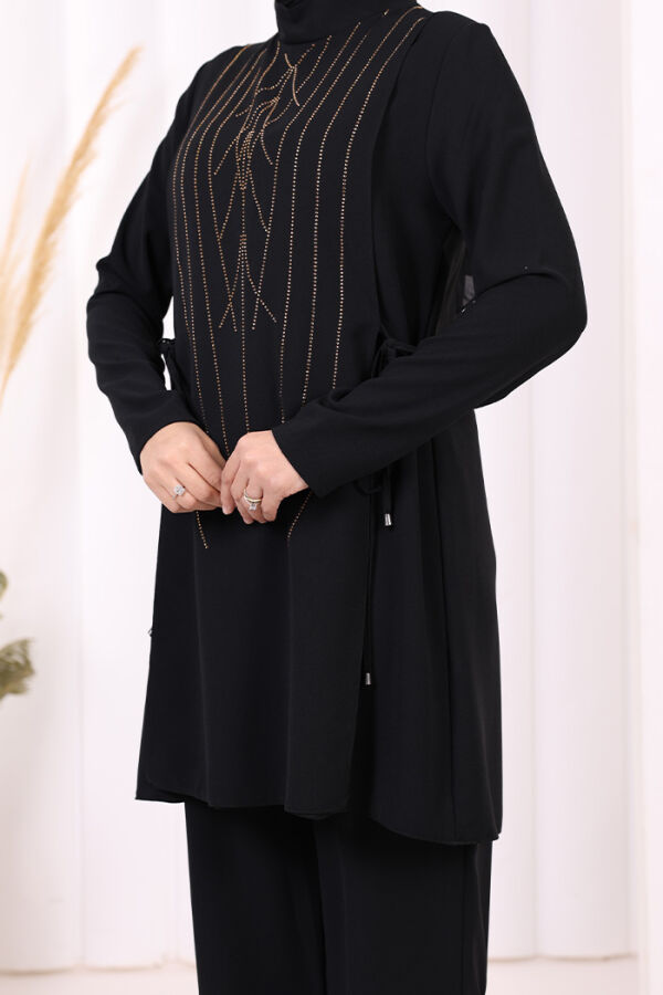 Taş Baskı Desenli Tunik Pantolon Takım 8447 Siyah - 11