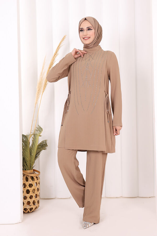 Taş Baskı Desenli Tunik Pantolon Takım 8447 Vizon - 5