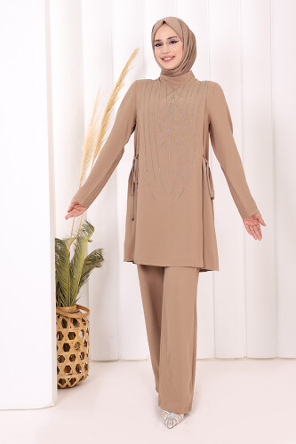 Taş Baskı Desenli Tunik Pantolon Takım 8447 Vizon - 6