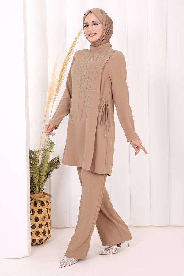 Taş Baskı Desenli Tunik Pantolon Takım 8447 Vizon - 7