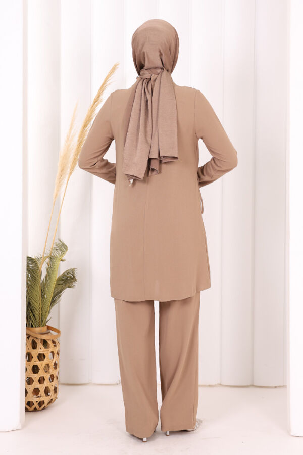 Taş Baskı Desenli Tunik Pantolon Takım 8447 Vizon - 8