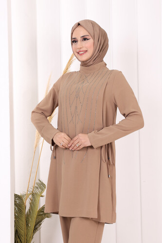 Taş Baskı Desenli Tunik Pantolon Takım 8447 Vizon - 9