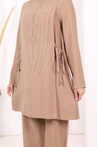 Taş Baskı Desenli Tunik Pantolon Takım 8447 Vizon - 10