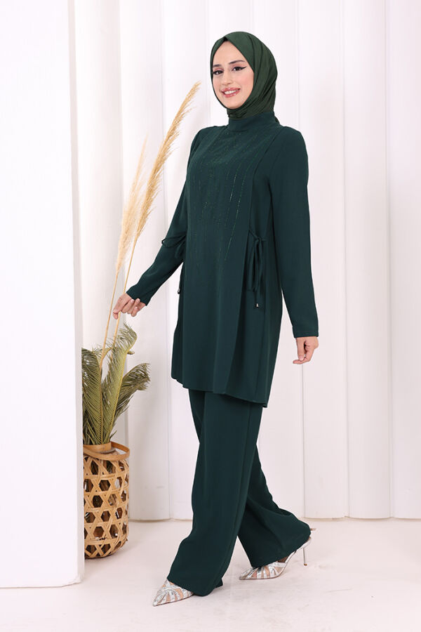 Taş Baskı Desenli Tunik Pantolon Takım 8447 Zümrüt - 6