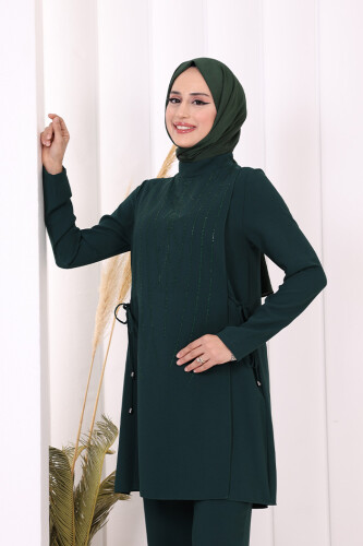 Taş Baskı Desenli Tunik Pantolon Takım 8447 Zümrüt - 8