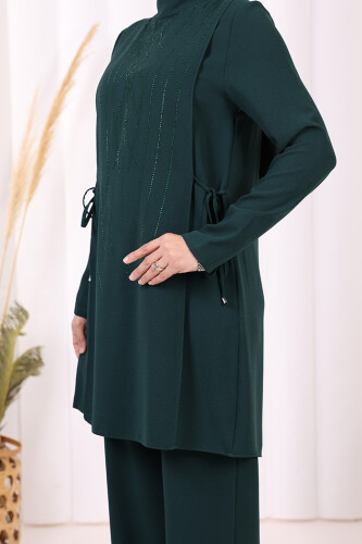 Taş Baskı Desenli Tunik Pantolon Takım 8447 Zümrüt - 9