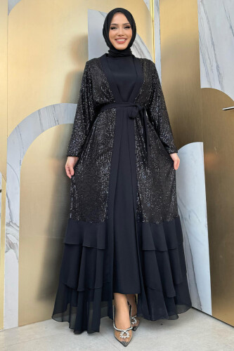 Pulpayet İşlemeli Abaya ve Elbise Takım 8483 Siyah - 1