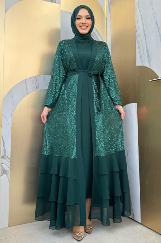 Pulpayet İşlemeli Abaya ve Elbise Takım 8483 Zümrüt - 2