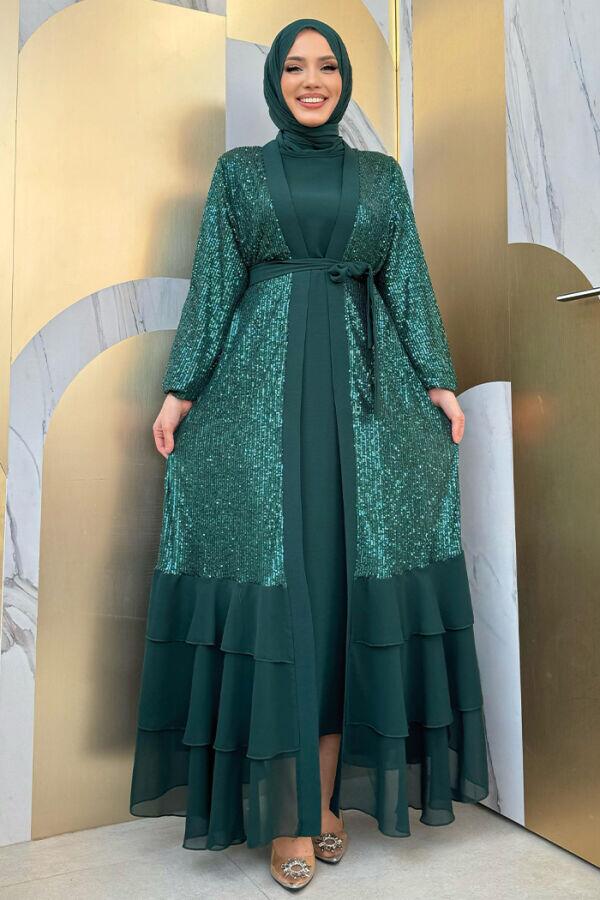Pulpayet İşlemeli Abaya ve Elbise Takım 8483 Zümrüt - 2