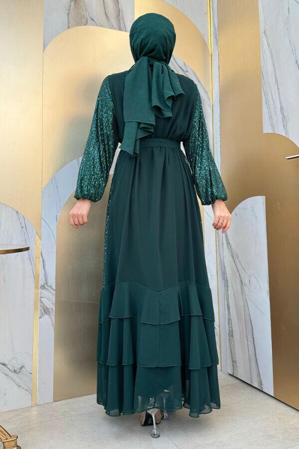 Pulpayet İşlemeli Abaya ve Elbise Takım 8483 Zümrüt - 3