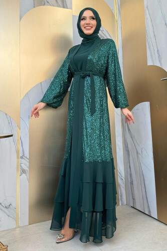 Pulpayet İşlemeli Abaya ve Elbise Takım 8483 Zümrüt - 4