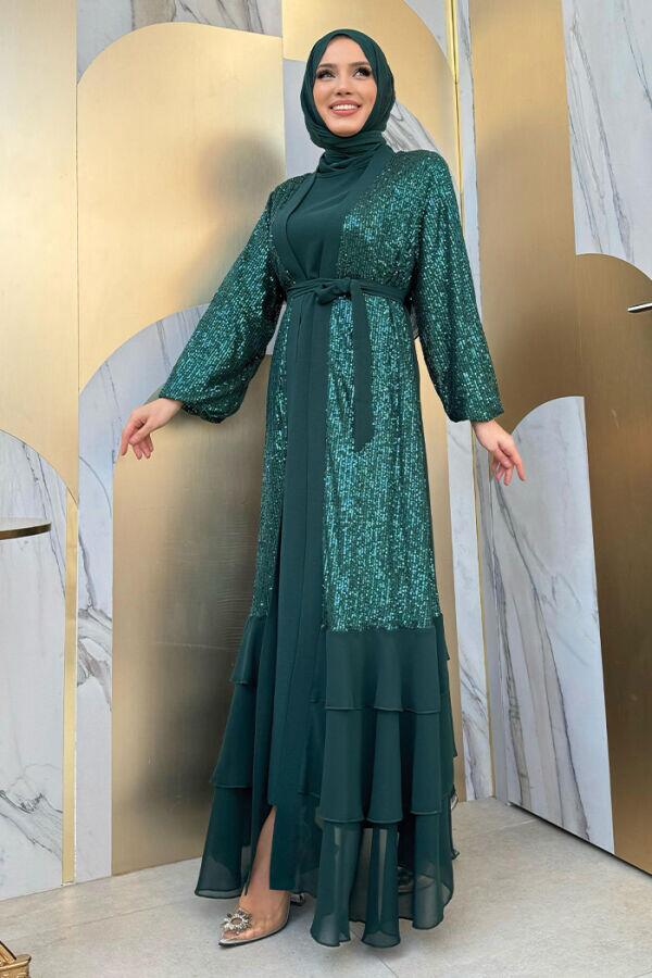 Pulpayet İşlemeli Abaya ve Elbise Takım 8483 Zümrüt - 4