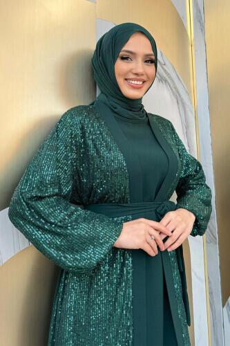 Pulpayet İşlemeli Abaya ve Elbise Takım 8483 Zümrüt - 1
