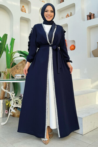 Kolları Fırfırlı Taş Detay Abayalı Takım 8484 Lacivert - Bym Fashion
