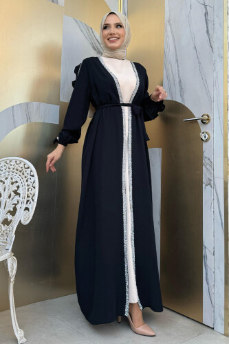 Kolları Fırfırlı Taş Detay Abayalı Takım 8484 Siyah - 3
