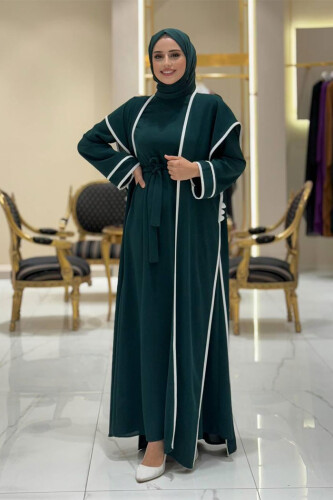 Düğme Detaylı Yırtmaçlı Yelek ve Elbise İkili Takım 8485 Zümrüt - Bym Fashion