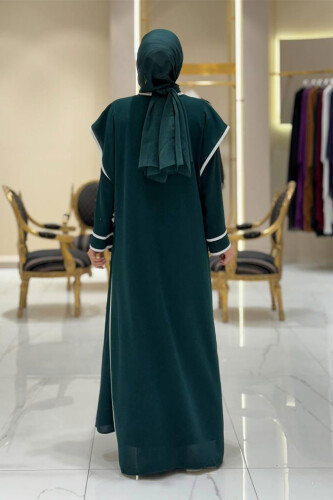 Düğme Detaylı Yırtmaçlı Yelek ve Elbise İkili Takım 8485 Zümrüt - Bym Fashion (1)