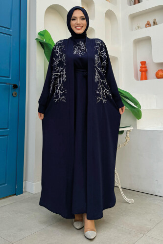 İşleme Detaylı Abaya ve Elbise Takım 8486 Lacivert - Bym Fashion