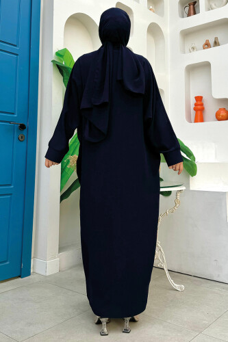 İşleme Detaylı Abaya ve Elbise Takım 8486 Lacivert - Bym Fashion (1)